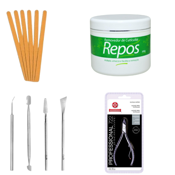 Kit Essencial Manicure (6 unidades Lixa Classic Mundial + 1 unidade Creme Removedor de Cutículas Repos 500g + 4 peças Santa Clara + 1 unidade Alicate Mundial 722)