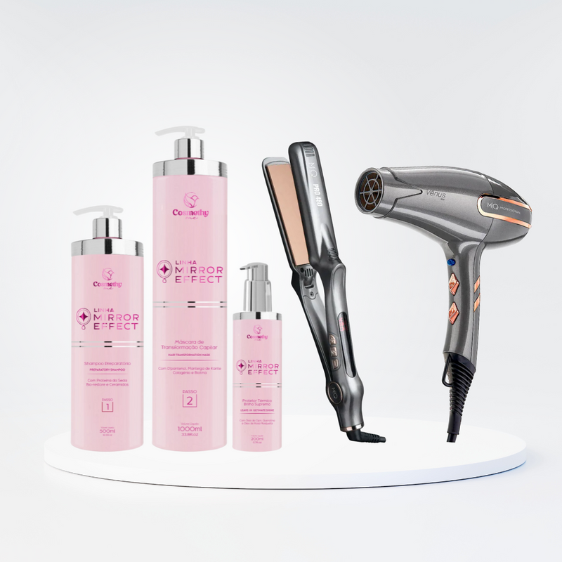 Kit Transformação Total Mirror Effect + Chapinha MQ Pro480 + Secador De Cabelo MQ Profissional Vênus 2400W