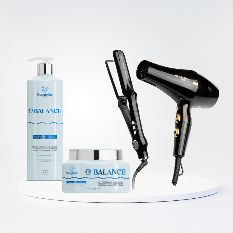 Kit Restauração Profunda Balance + Chapinha MQ Pro480 Turbo + Secador De Cabelo MQ Profissional Max Digital