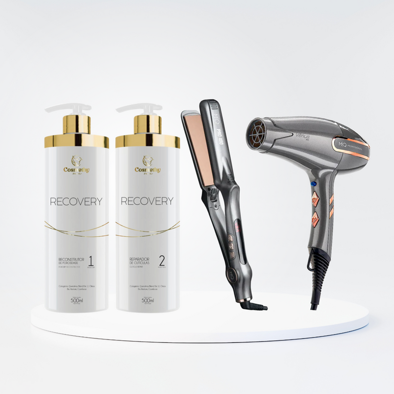 Kit Reconstrução Total Recovery + Chapinha MQ Pro480 + Secador De Cabelo MQ Profissional Vênus 2400W