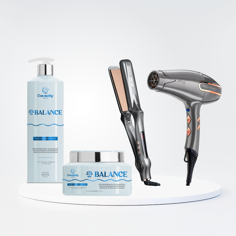 Kit Restauração Profunda Balance + Chapinha MQ Pro480 + Secador De Cabelo MQ Profissional Vênus 2400W