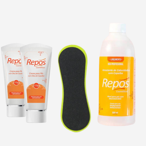 Kit Spa dos Pés Copaíba (2 unidades Creme para Pés com Copaíba Repos 110g + 1 unidade Amaciante de Calosidades com Copaíba Repos 500ml + 1 unidade Lixa para pés anatômica EVA)